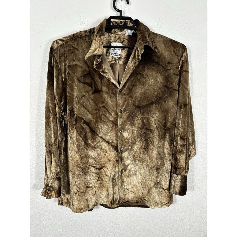 Vintage Y2K Winners Top Womens Size L Velvet Bronze Button Long Sleeve Disco